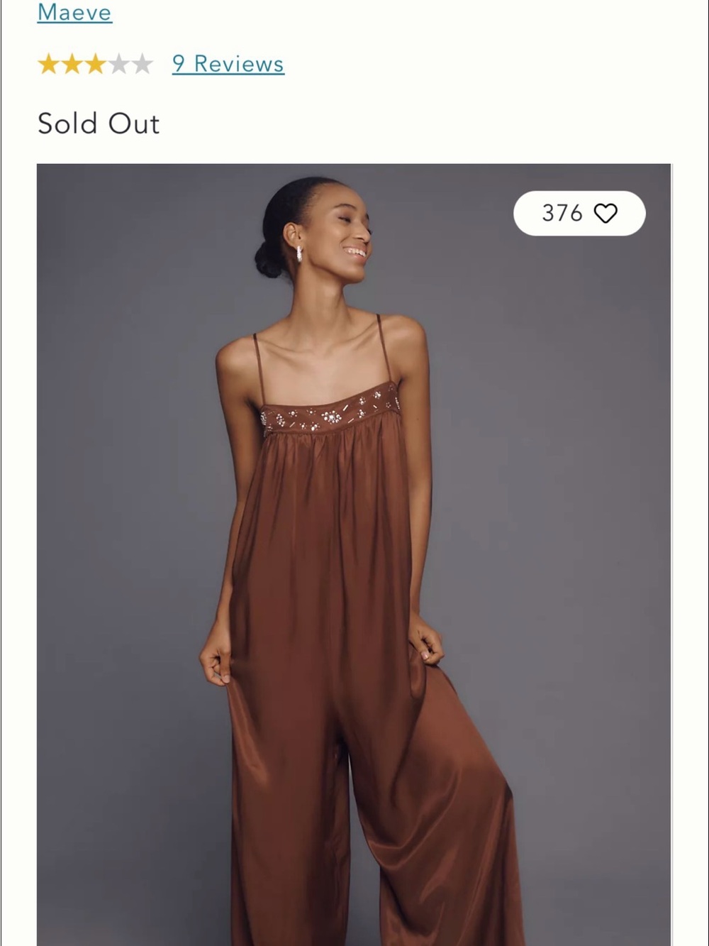 Anthropologie Chocolate Brown Satin Wide-Leg Jumpsuit with Embellished Yoke